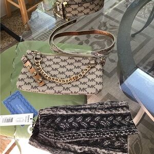 Michael Kors Tan Logo hip purse with Gold Chain and Michael Kori’s xl belt